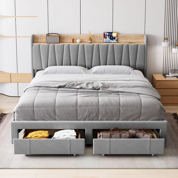 Kojooin Upholstered Bed Frame with Storage Headboard and Charging Station, Platform Bed Frame with Drawers, Heavy Duty, No Box Spring Needed, Easy Assembly