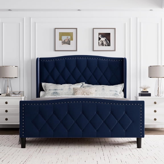 Kojooin Upholstered Platform Bed Frame with Storage Headboard, Charging Station, Nailhead Trim and 4 Storage Drawers