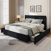 Kojooin Upholstered Platform Bed Frame with Tufted Wingback Headboard   4 Storage Drawers, Corduroy Finish, Wooden Slats, No Box Spring Required