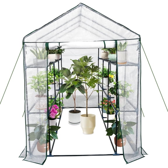Kojooin Walk-In Greenhouse with Roll-Up Door, Portable Outdoor Plant Shed with 4 Durable Shelves, All-Weather Protection, Suitable for Backyards, Patios and Gardens