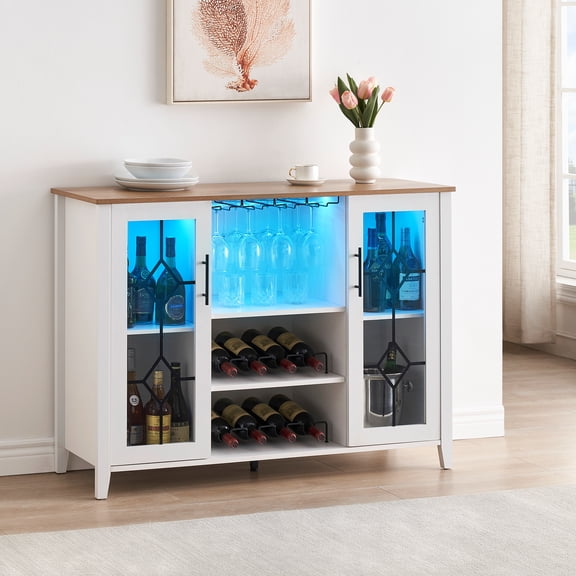 Kojooin Wine Bar Cabinet with Led Light, Liquor Cabinet with Wine and Glass Rack, Buffet Sideboard with Storage, Coffee Bar Cabinet for Liquor with Adjustable Shelves, 47.2 Inches