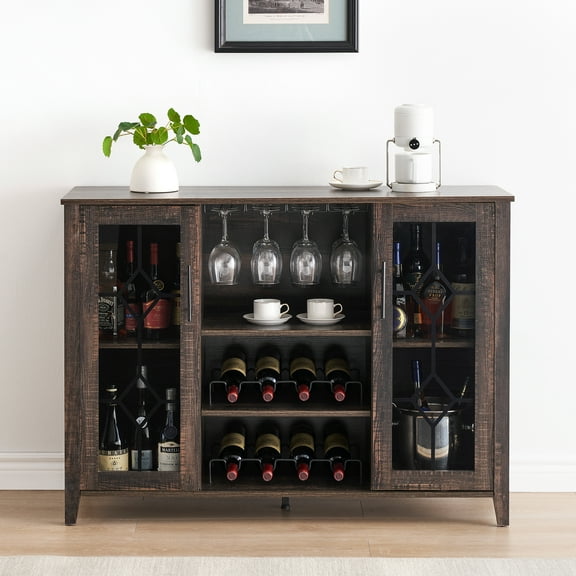 Kojooin Wine Bar Cabinet with Led Light, Liquor Cabinet with Wine and Glass Rack, Buffet Sideboard with Storage, Coffee Bar Cabinet for Liquor with Adjustable Shelves, 47.2 Inches