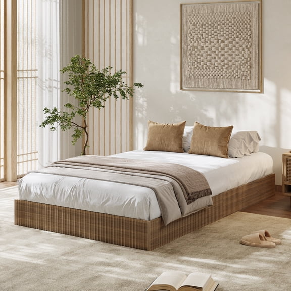Kojooin Wood Platform Bed Frame with Fluted Design, Low Profile Slatted Bed Base, Noise Free Support and No Box Spring Required