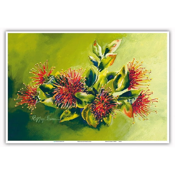 Koke'e Ohia - Native Hawaiian Ohia Lehua Tree Blossom - From an Original Hawaii Watercolor Painting by Peggy Chun - Master Art Print (Unframed) 13in x 19in