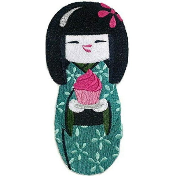 Kokeshi and Cupcake Embroidery Iron On/Sew Patch [6.84" x 3.34"]