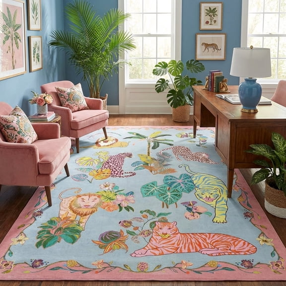 Kokia 6x9 Neutral Animal Print Rug with Lion, Tiger and Cheetah, Machine Washable Soft Boho Rug for Girls Bedroom, Living Room, Nursery, Pink and Babyblue