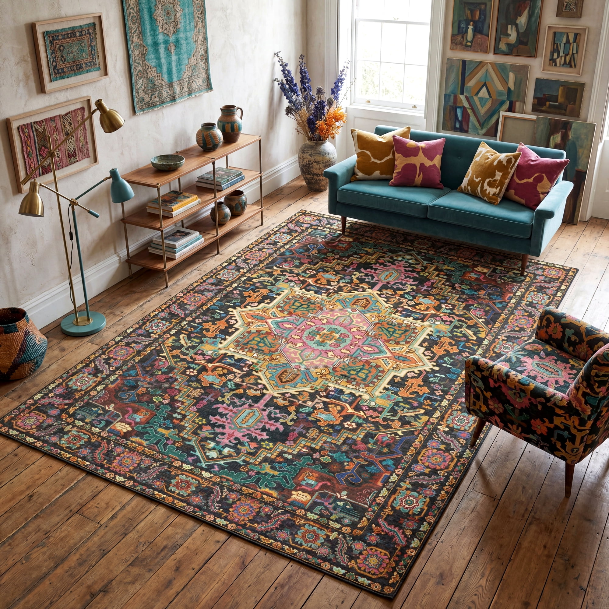 Kokia 6x9 Vintage Oriental Area Rug for living Room, Black and Pink Low Pile Stain Resistant Non-Slip Washable Rug for Bedroom with Distressed Medallion Pattern