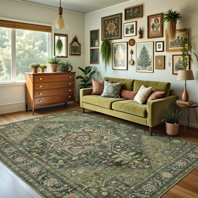 Kokia 6x9 Vintage Oriental Area Rug for living Room, Dark Green Low Pile Stain Resistant Non-Slip Washable Rug for Bedroom with Distressed Medallion Pattern