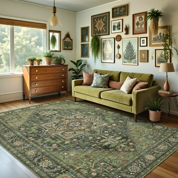 Kokia 6x9 Vintage Oriental Area Rug for living Room, Dark Green Low Pile Stain Resistant Non-Slip Washable Rug for Bedroom with Distressed Medallion Pattern