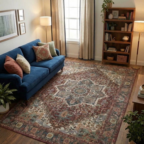 Kokia 6'x9' Vintage Oriental Area Rug for living Room, Maroon Low Pile Stain Resistant Non-Slip Washable Rug for Bedroom with Distressed Medallion Pattern