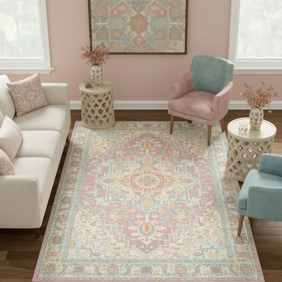 Kokia 6x9 Vintage Oriental Area Rug for living Room, Pink and Orange Low Pile Stain Resistant Non-Slip Washable Rug for Bedroom with Distressed Medallion Pattern