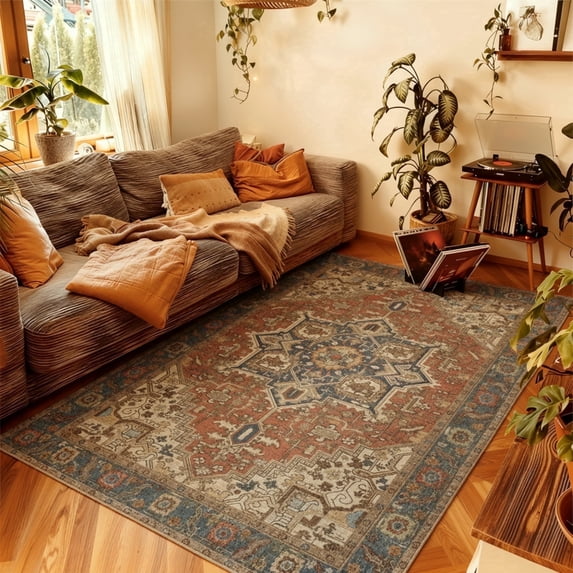 6x9 Vintage Oriental Area Rug for living Room, Terrocota Low Pile Stain Resistant Non-Slip Washable Rug for Bedroom with Distressed Medallion Pattern