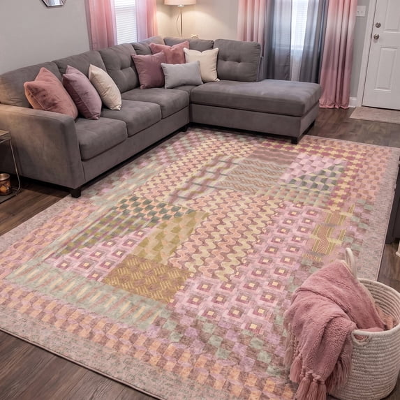 Kokia Pink Purple 8' x 10' Geometric Washable Area Rugs, Modern Patchwork Low Pile Non Slip Soft Indoor Carpet for Living Room, Bedroom, Apartment