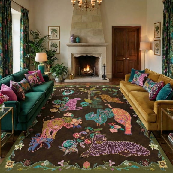 Kokia 8x10 Neutral Animal Print Area Rug with Lion, Tiger, Machine Washable Soft Boho Rug for Living Room, Bedroom, Play Room, Dark Green and Brown
