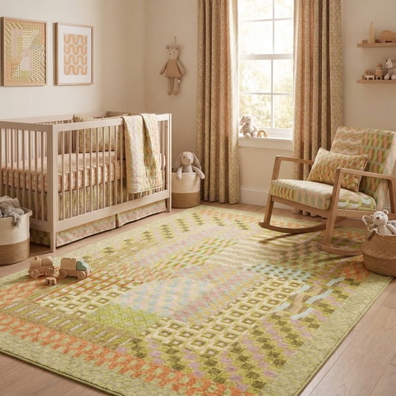 8x10 Modern Geometric Green Olive Area Rug, Washable Low Pile Carpet with Non-Slip Backing, Stain-Resistant for Living Room, Bedroom, Playroom