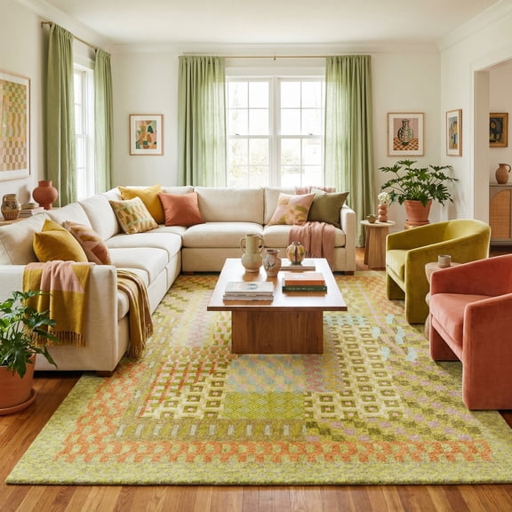 Kokia 8x10 Modern Geometric Green Olive Area Rug, Washable Low Pile Carpet with Non-Slip Backing, Stain-Resistant for Living Room, Bedroom, Playroom