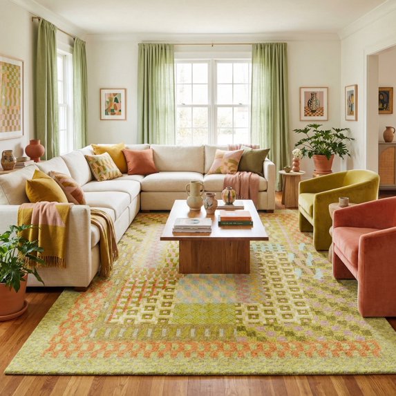 8x10 Modern Geometric Green Olive Area Rug, Washable Low Pile Carpet with Non-Slip Backing, Stain-Resistant for Living Room, Bedroom, Playroom