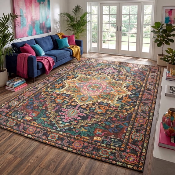 Kokia 8'x10' Vintage Oriental Area Rug for living Room, Black and Pink Low Pile Stain Resistant Non-Slip Washable Rug for Bedroom with Distressed Medallion Pattern