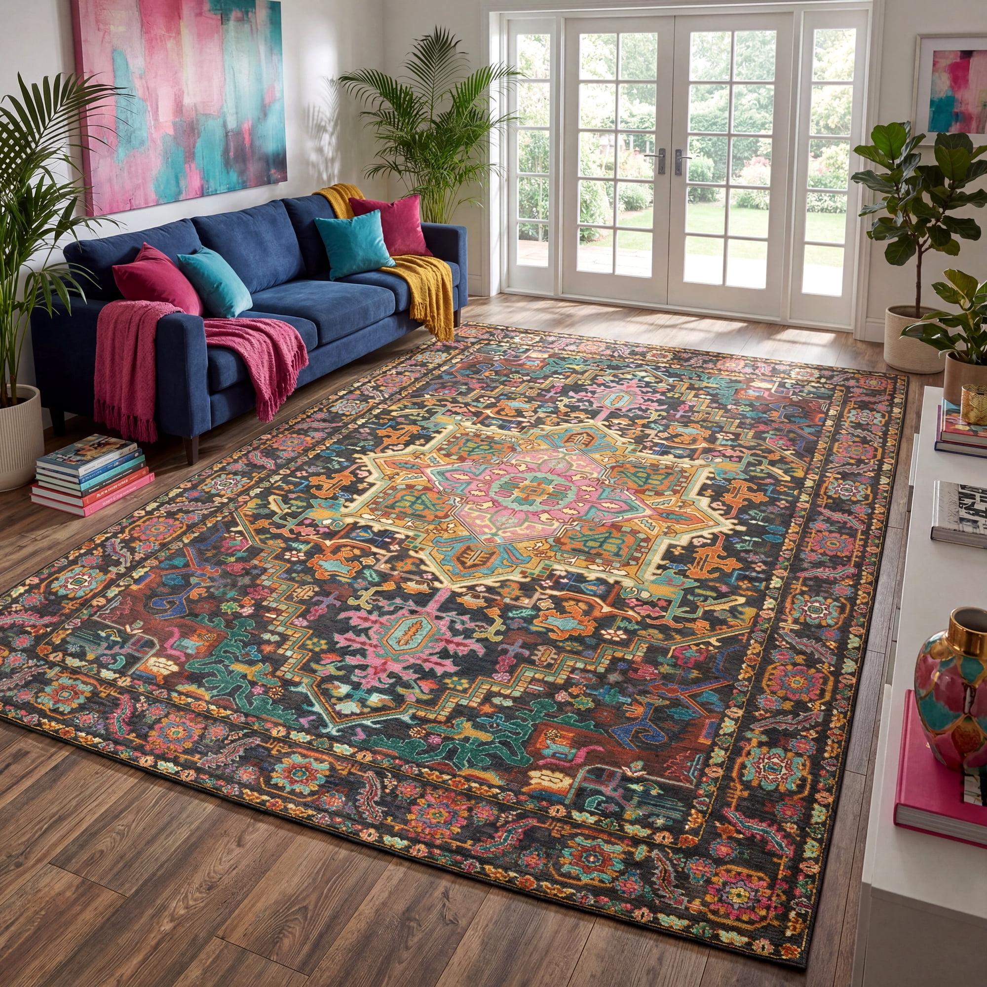 Kokia 8x10 Vintage Oriental Area Rug for living Room, Black and Pink Low Pile Stain Resistant Non-Slip Washable Rug for Bedroom with Distressed Medallion Pattern