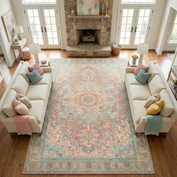 Kokia 8x10 Vintage Oriental Area Rug for living Room, Pink and Orange Low Pile Stain Resistant Non-Slip Washable Rug for Bedroom with Distressed Medallion Pattern