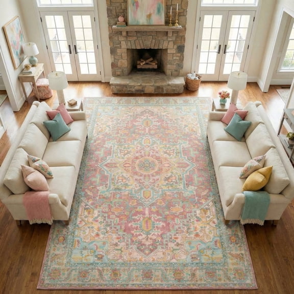Kokia 8'x10' Vintage Oriental Area Rug for living Room, Pink and Orange Low Pile Stain Resistant Non-Slip Washable Rug for Bedroom with Distressed Medallion Pattern