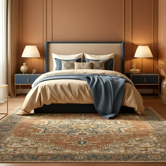Kokia 8'x10' Vintage Oriental Area Rug for living Room, Terrocota Low Pile Stain Resistant Non-Slip Washable Rug for Bedroom with Distressed Medallion Pattern