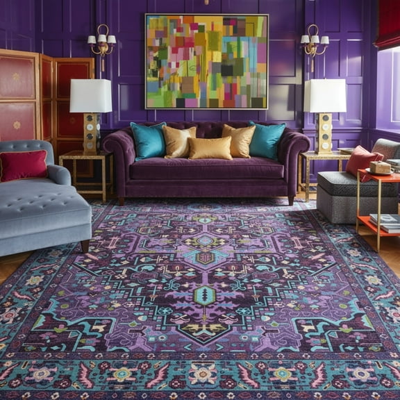 Kokia 8'x10' Vintage Oriental Area Rug for living Room, Violet Purple Low Pile Stain Resistant Non-Slip Washable Rug for Bedroom with Distressed Medallion Pattern