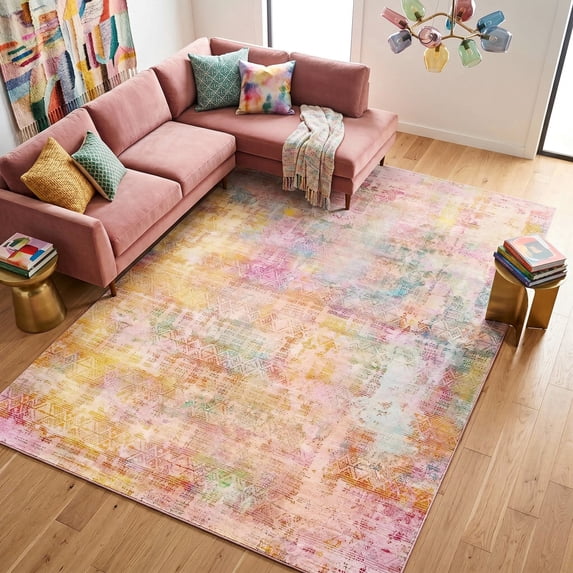 Kokia 9'x12' Washable Modern Abstract Area Rug, Pink Orange Ombre Soft Non Slip Rug for Living Room Bedroom Dining Room