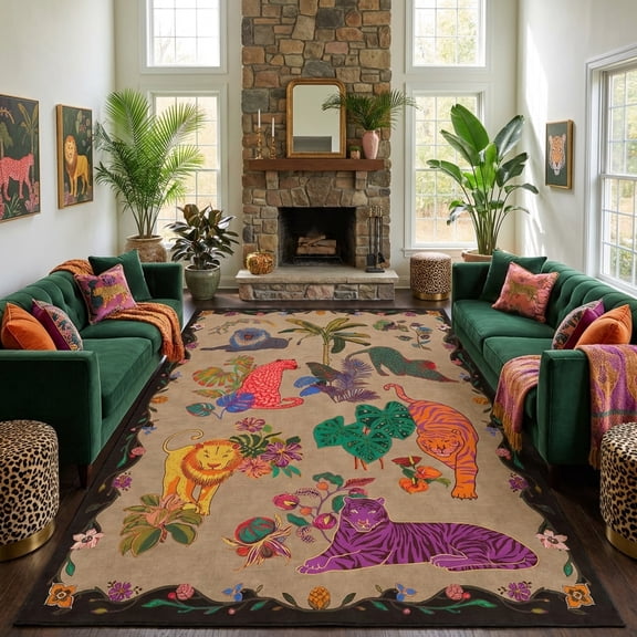 Kokia 9x12 Aesthetic Neutral Animal Print Area Rug with Lion, Tiger and Cheetah, Machine Washable Soft Boho Rug for Living Room, Bedroom, Play Room, Office, Black