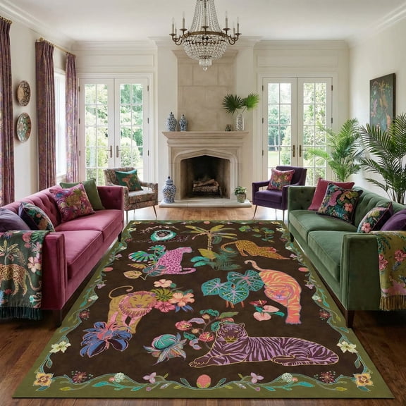 Kokia 9x12  Neutral Animal Print Area Rug with Lion, Tiger and Cheetah, Machine Washable Soft Boho Rug for Living Room, Bedroom, Play Room, Dark Green and Brown