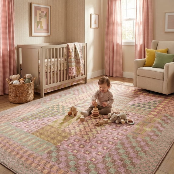 9x12 Modern Geometric Purple and Pink Area Rug, Washable Low Pile Carpet with Non-Slip Backing, Stain-Resistant for Girls Bedroom, Living Room