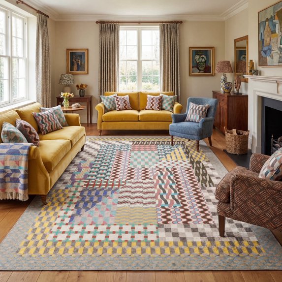 9x12 Modern Geometric Bauhaus Grey Area Rug, Washable Low Pile Carpet with Non-Slip Backing, Stain-Resistant for Living Room, Bedroom, Playroom