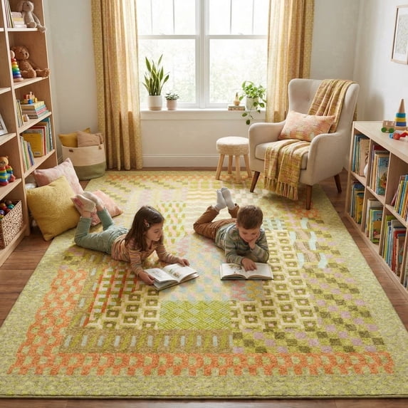 9x12 Modern Geometric Green Olive Area Rug, Washable Low Pile Carpet with Non-Slip Backing, Stain-Resistant for Living Room, Bedroom, Playroom