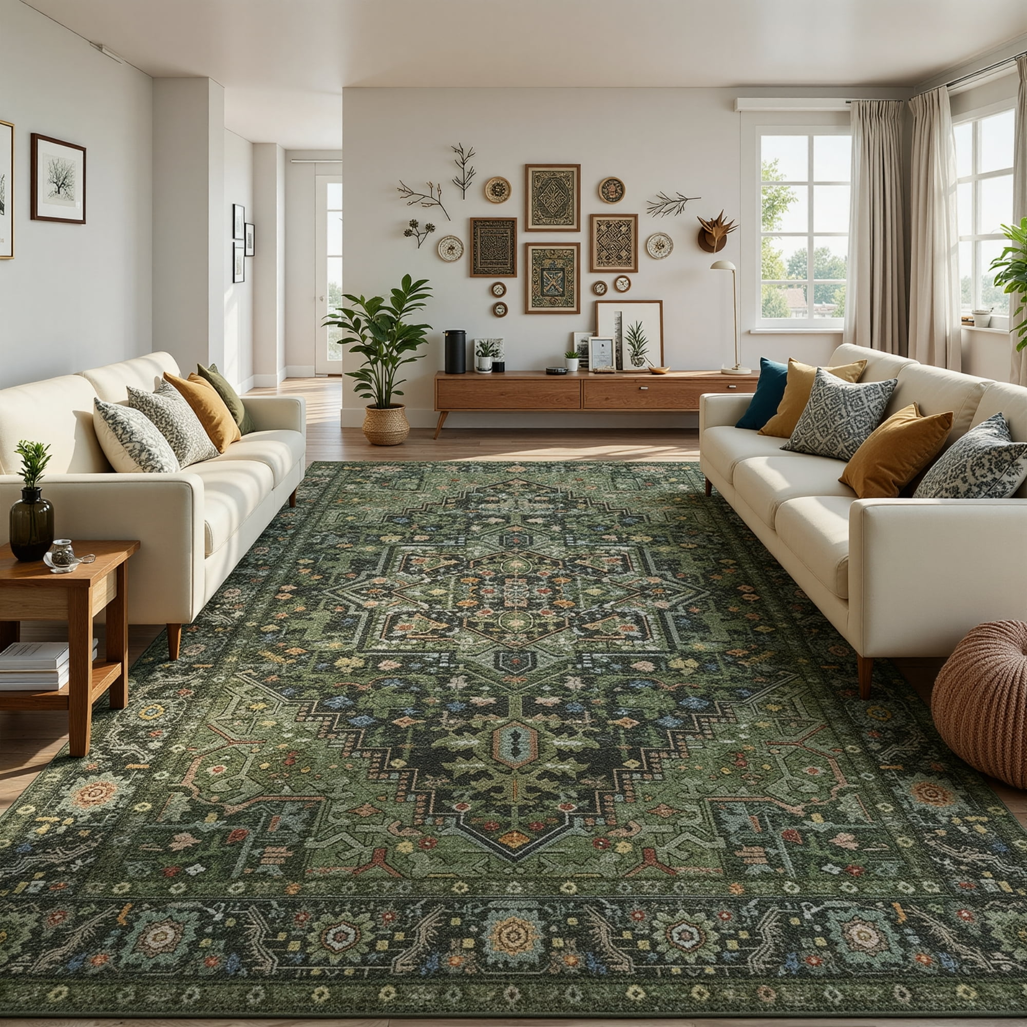 Kokia 9x12 Vintage Oriental Area Rug for living Room, Dark Green Low Pile Stain Resistant Non-Slip Washable Rug for Bedroom with Distressed Medallion Pattern