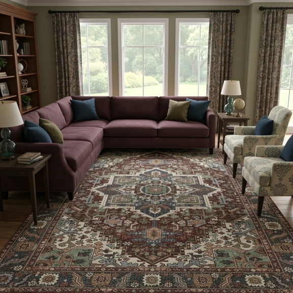 Kokia 9x12 Vintage Oriental Area Rug for living Room, Maroon Low Pile Stain Resistant Non-Slip Washable Rug for Bedroom with Distressed Medallion Pattern