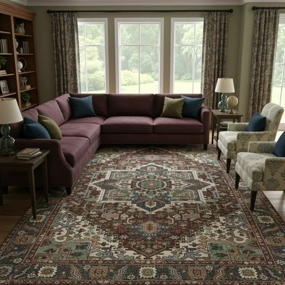 Kokia 9'x12' Vintage Oriental Area Rug for living Room, Maroon Low Pile Stain Resistant Non-Slip Washable Rug for Bedroom with Distressed Medallion Pattern