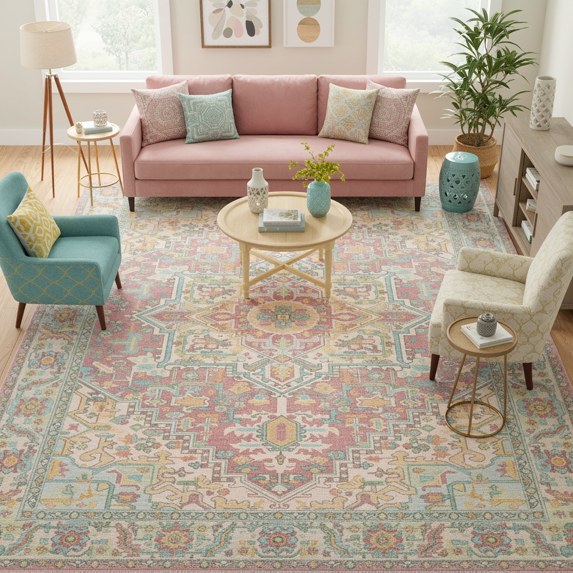 Kokia 9x12 Vintage Oriental Area Rug for living Room, Pink and Orange Low Pile Stain Resistant Non-Slip Washable Rug for Bedroom with Distressed Medallion Pattern