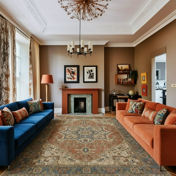 Kokia 9x12 Vintage Oriental Area Rug for living Room, Terrocota Low Pile Stain Resistant Non-Slip Washable Rug for Bedroom with Distressed Medallion Pattern