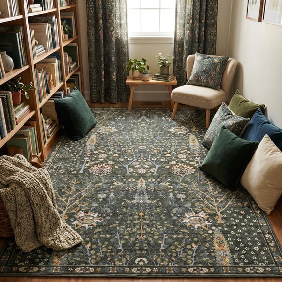 Kokia Washable Oriental Rug, 6'x9' Sage green Boho Botanical Floral Vintage Carpet, Soft Large Indoor Rug for Living Room, Bedroom, Office, Playroom