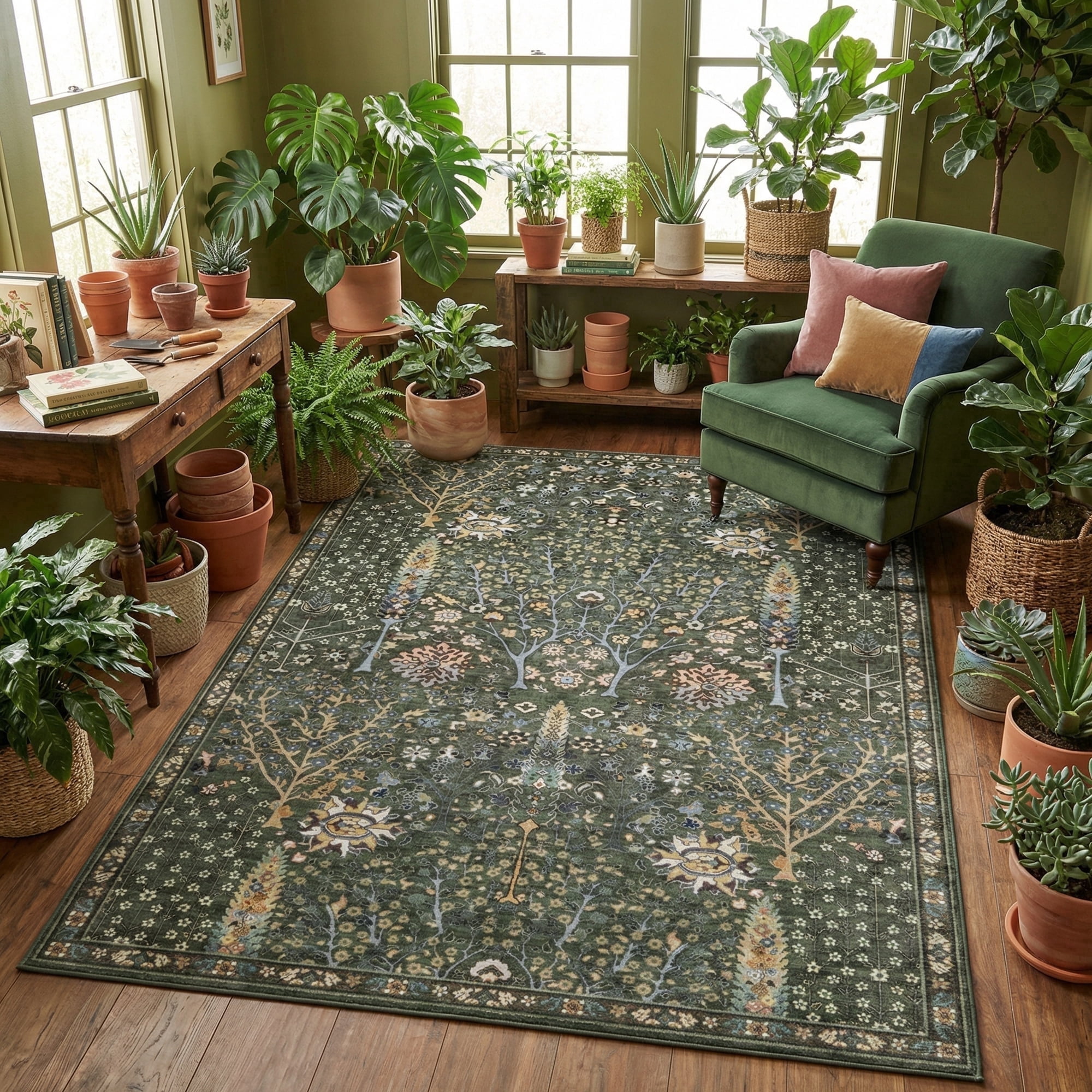 Washable Oriental Rug, 6x9 Sage green Boho Botanical Floral Vintage Carpet, Soft Large Indoor Rug for Living Room, Bedroom, Office, Playroom