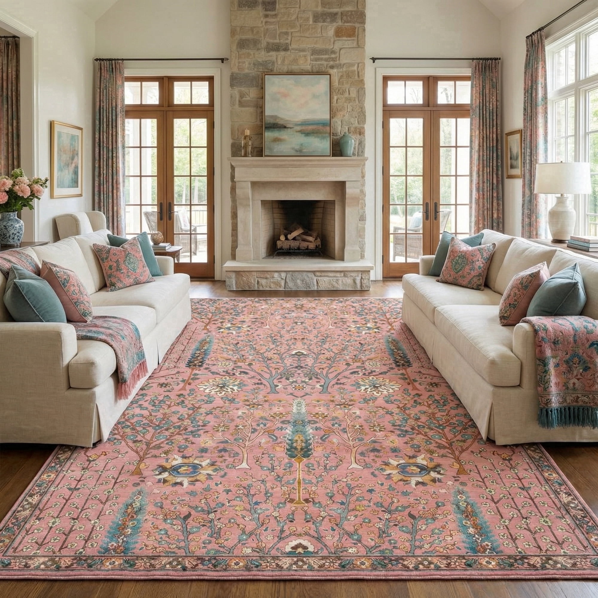 Washable Oriental Rug, 8x10 Dusty pink Boho Botanical Floral Vintage Carpet, Soft Large Indoor Rug for Girls Bedroom, Living Room, Nursery, Playroom
