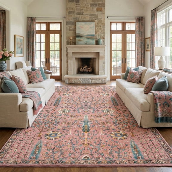 Washable Oriental Rug, 8x10 Dusty Pink Boho Botanical Floral Vintage Carpet, Soft Large Indoor Rug for Girls Bedroom, Living Room, Nursery