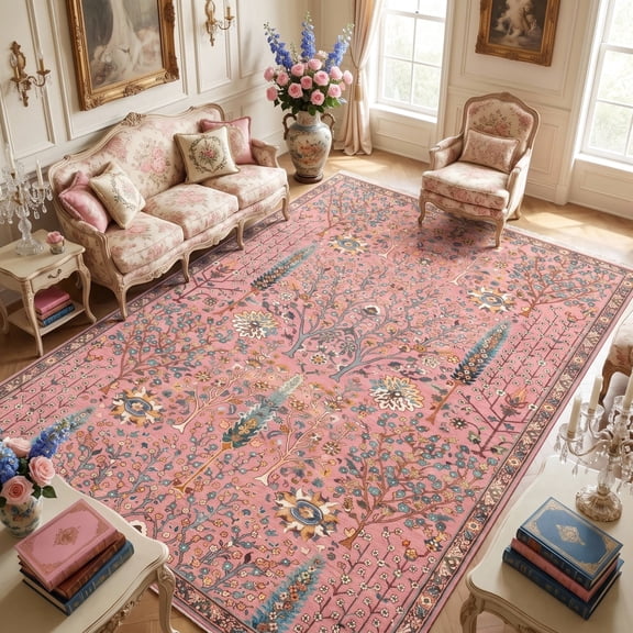 Kokia 8'x10' Botanical Washable Area Rugs for Living Room, Vintage Boho Floral Low Pile Soft Indoor Rug for Bedroom, Dinning Room, Pink Rosette