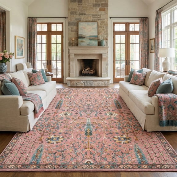 Kokia Washable Oriental Rug, 8x10 Dusty Pink Boho Botanical Floral Vintage Carpet, Soft Large Indoor Rug for Girls Bedroom, Living Room, Nursery