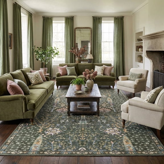 Kokia Washable Oriental Rug, 8x10 Sage green Boho Botanical Floral Vintage Carpet, Soft Large Indoor Rug for Living Room, Bedroom, Office, Playroom