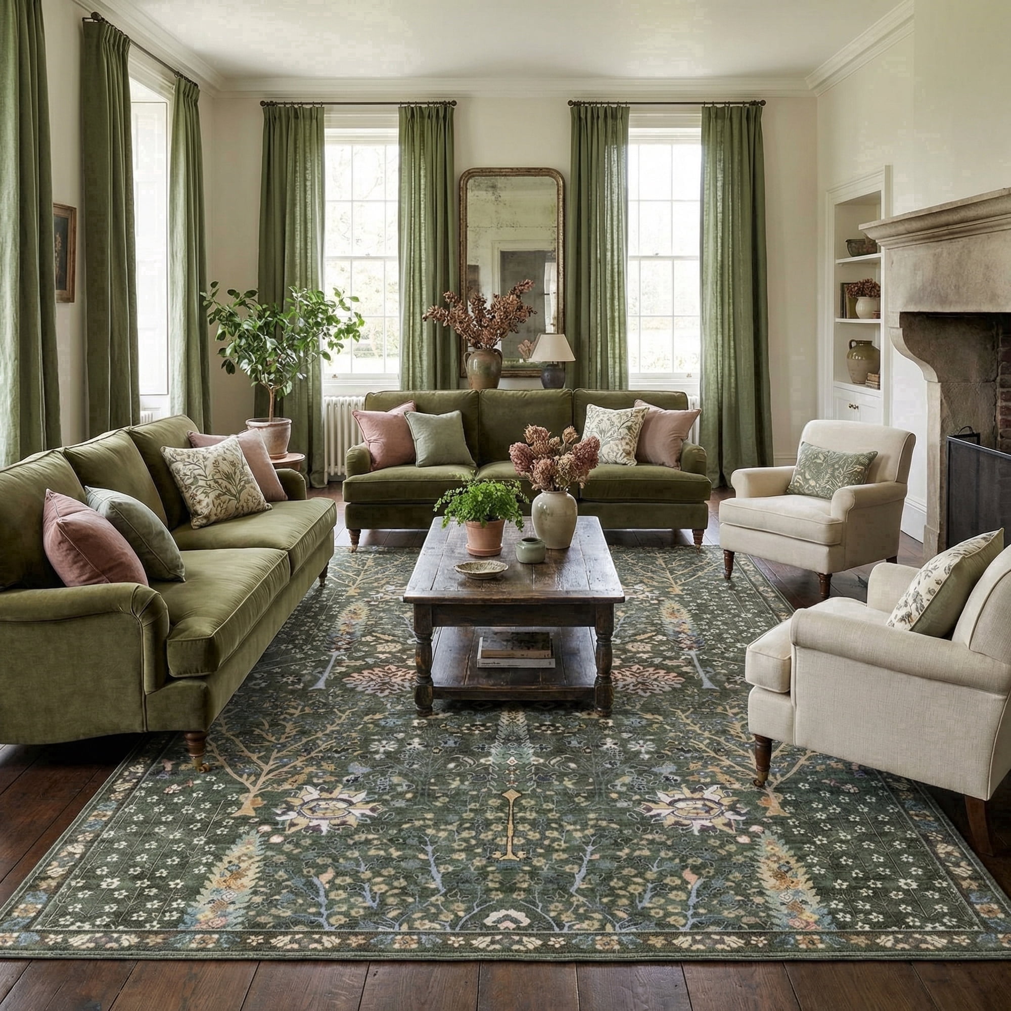Washable Oriental Rug, 8x10 Sage Green Boho Botanical Floral Vintage Carpet, Soft Large Indoor Rug for Living Room, Bedroom, Office, Playroom