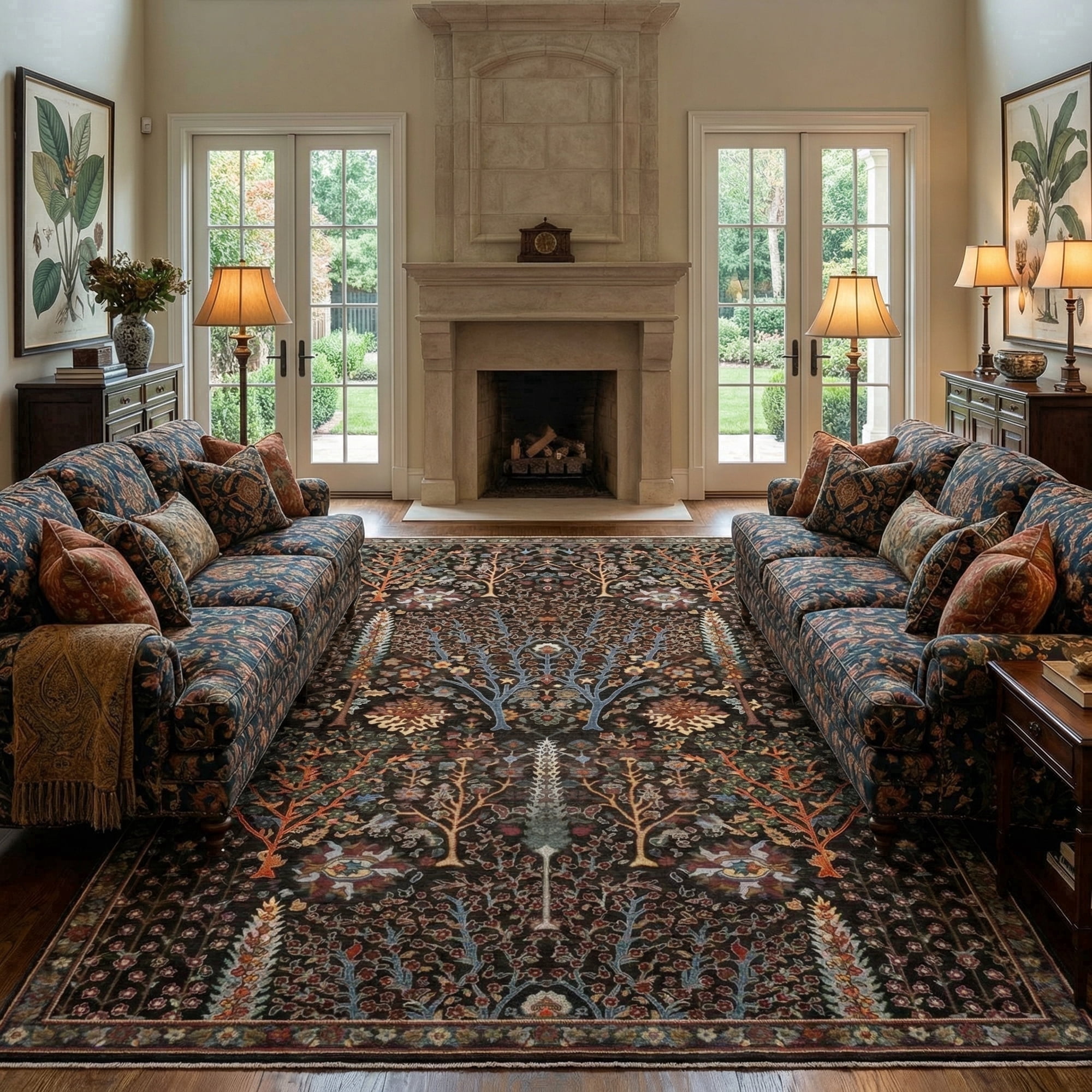 Washable Oriental Rug, 9x12 Black Boho Botanical Floral Vintage Carpet, Soft Large Indoor Rug for Living Room, Bedroom, Office, Playroom