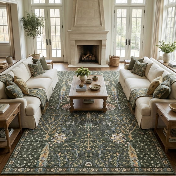 Kokia Washable Oriental Rug, 9x12 Sage green Boho Botanical Floral Vintage Carpet, Soft Large Indoor Rug for Living Room, Bedroom, Office, Playroom