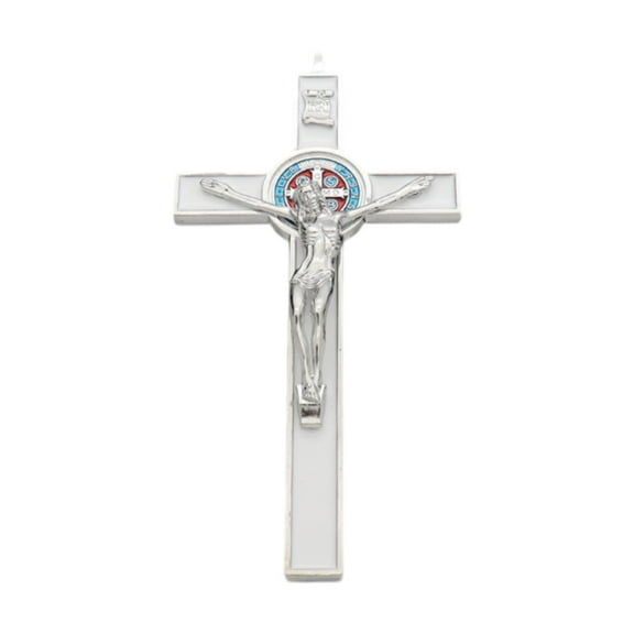Kokiya Catholic Crucifix Figurine Decorative Metal Wall Art for Window Bedroom Home Steel Color White