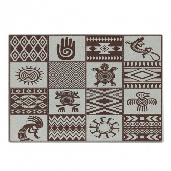 Kokopelli Cutting Board, Patchwork Style Frog Hand Chameleon Shepherds Pipe Primitive Pattern, Decorative Tempered Glass Cutting and Serving Board, in 3 Sizes, by Ambesonne
